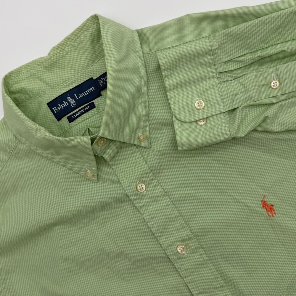 Ralph Lauren Classic Fit Green Gingham Cotton Button Down Shirt Mens 17.5 L